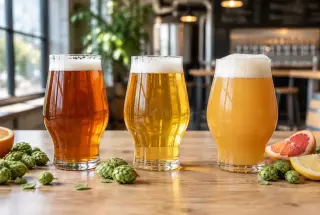 Trois verres de bières houblonnées présentant une IPA limpide, une West Coast IPA claire et une NEIPA trouble, entourés de cônes de houblon et d’agrumes.