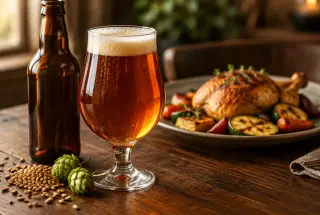 Verre de bière ambrée artisanale posé sur une table en bois, accompagné d’une bouteille brune, de houblon, d’orge et d’un plat rôti en arrière-plan.
