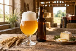 Verre de bière de saison blonde et mousseuse posé sur une table rustique, avec une bouteille, des épis de céréales et une ferme wallonne en arrière-plan.